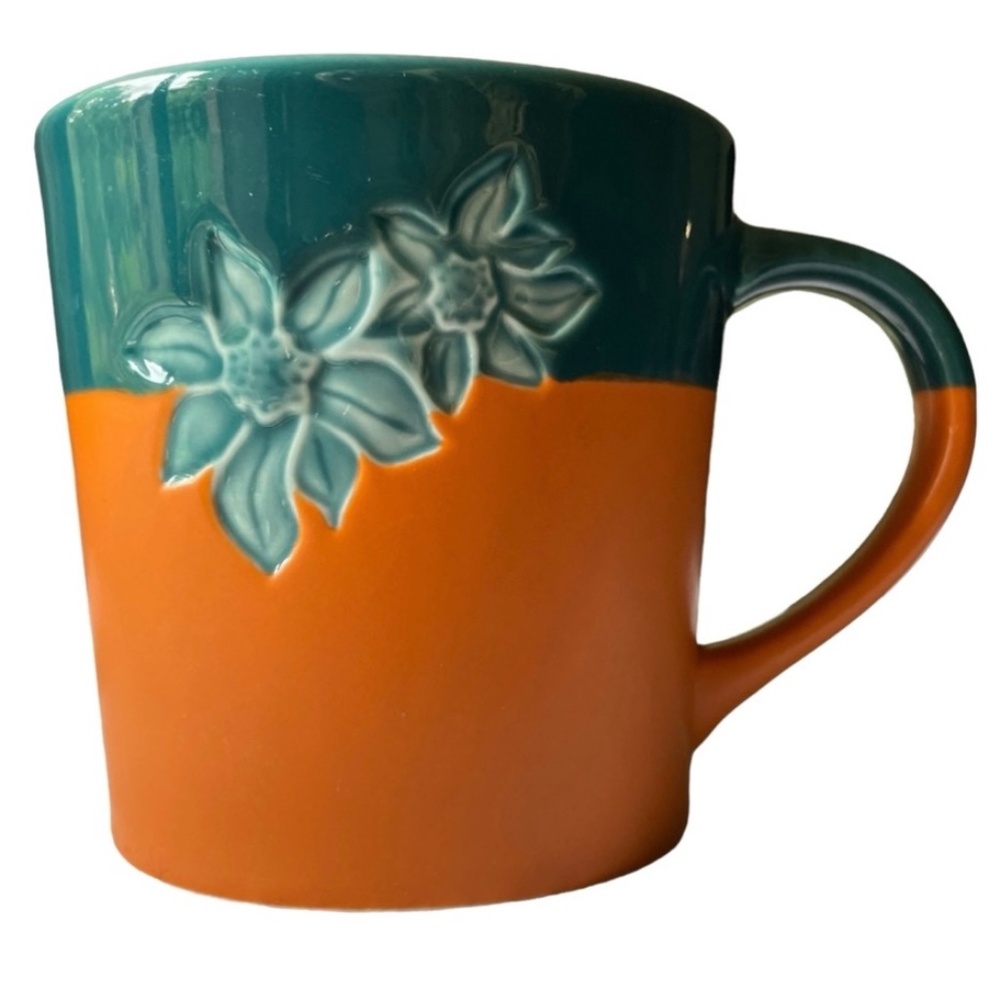 STARBUCKS 2006 Ceramic Mug Cup Terracotta Brown & Green Flower Emblem